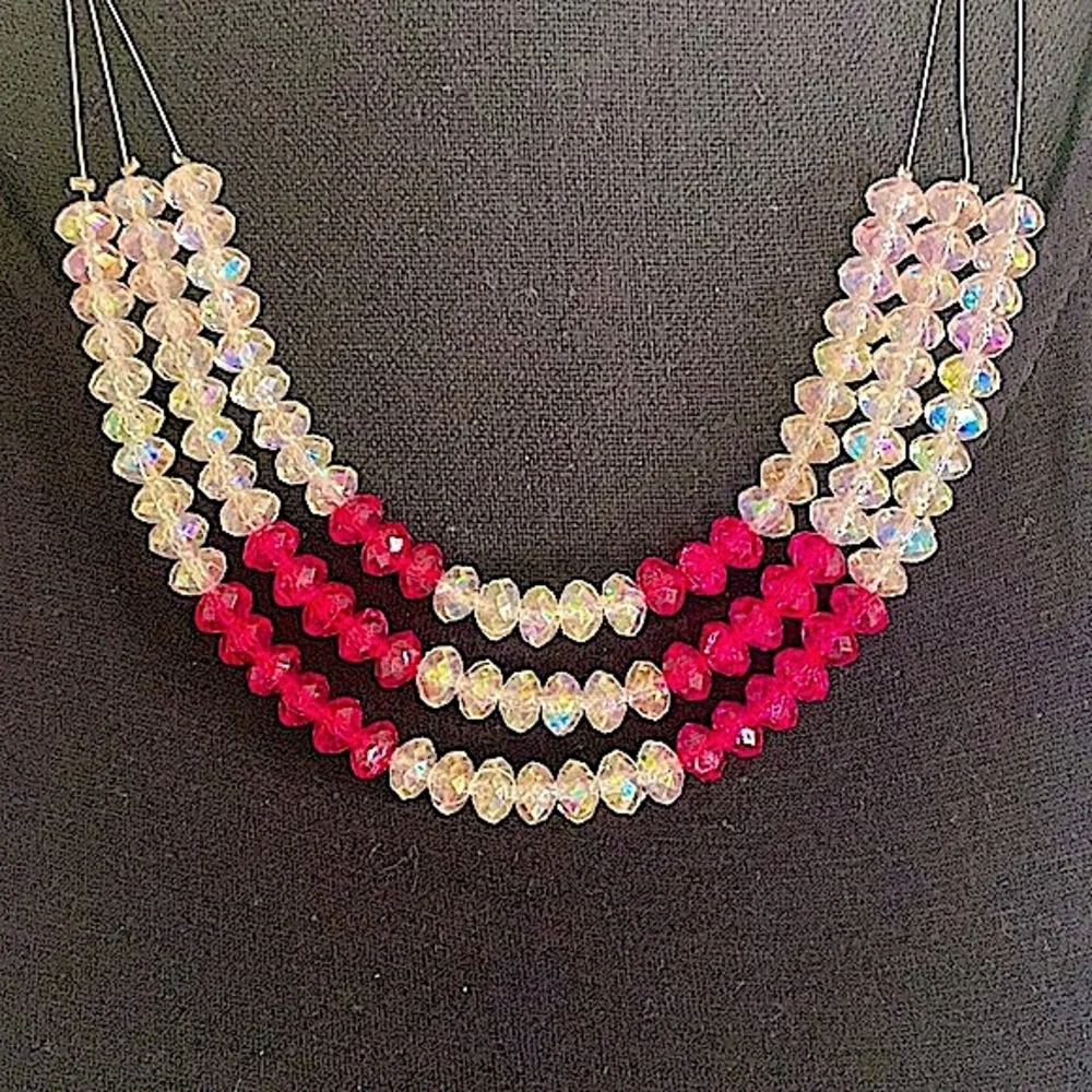 Silver “Invisible” Necklace With White And Hot Pink Beads - Picture 9 of 16